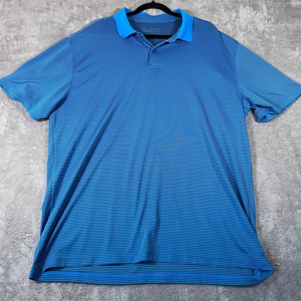 Under Armour Men's Polo Shirt 2XL Blue Striped Short Sleeve Golf